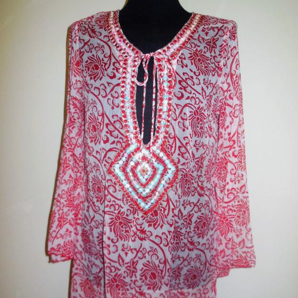 Tunic Sheer Chiffon Blouse Long Sleeve NEW summer top shirt beach cover up - Picture 2 of 4
